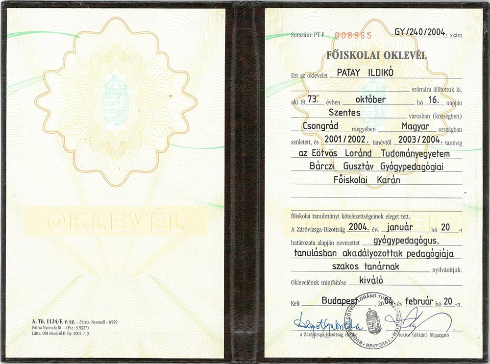 Patay Ildiko gyogypedagogus diploma