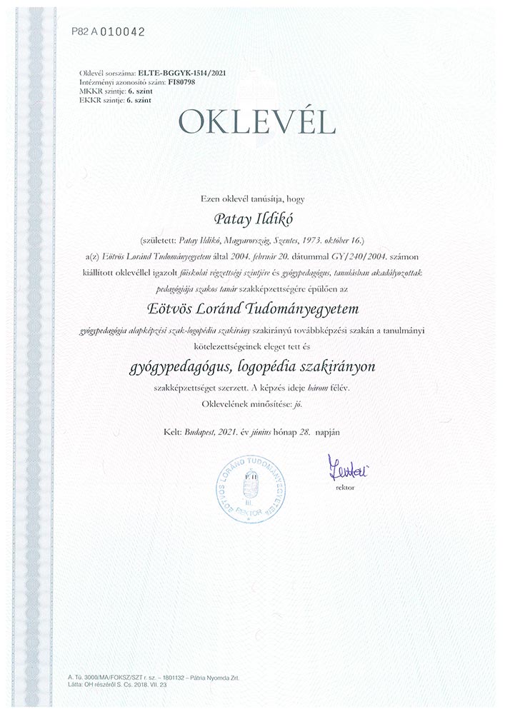 Patay Ildiko logopediai diploma